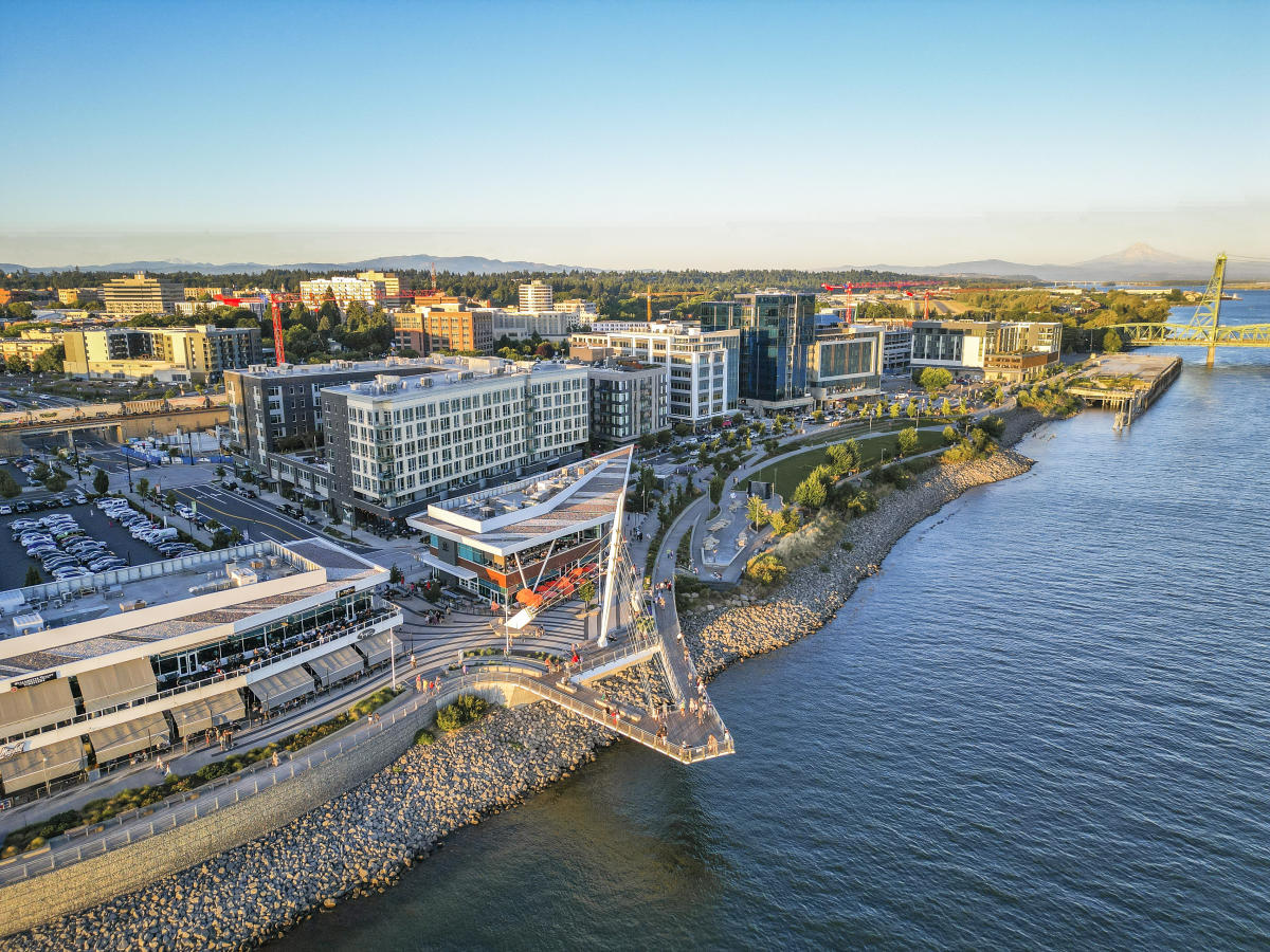 Vancouver waterfront with modern buildings and Mount Hood in the distance